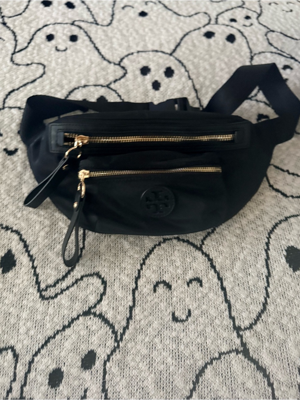 Black Leather Crossbody Belt Bag with Gold Hardware